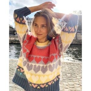 LoveShackFancy Sweater Shirelle Puff-Sleeve Heart Wool Alpaca Pink Icing M EUC